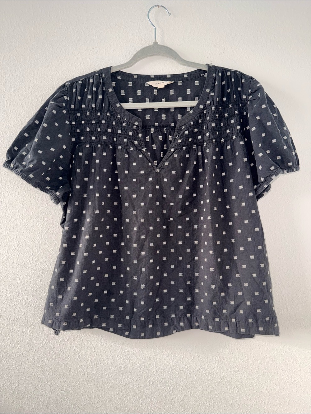 Lucky Brand Black Short Puff Sleeve Smocked Yoke Blouse